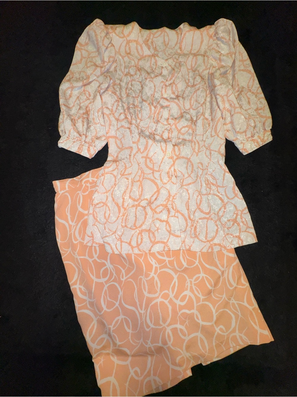 Vintage Peach Metallic 2-Piece Blouse & Skirt Set